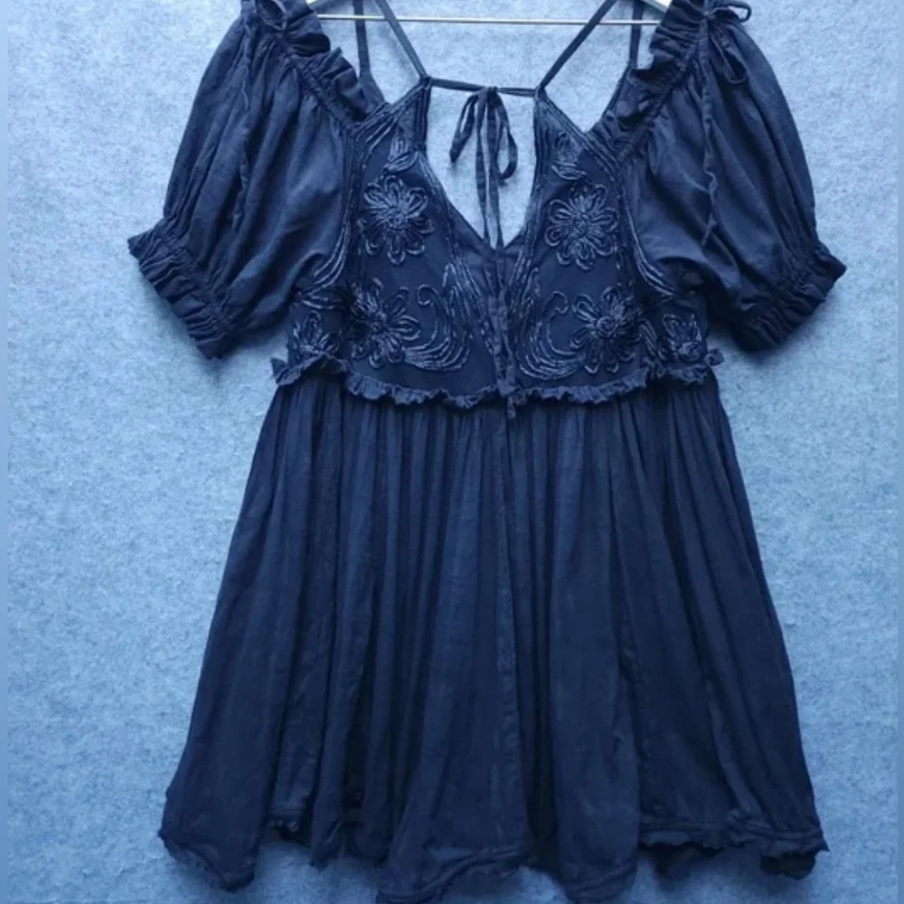 Free People Smocked Off / Cold Shoulder Dark Navy V Back Mini Dress - Picture 6 of 6